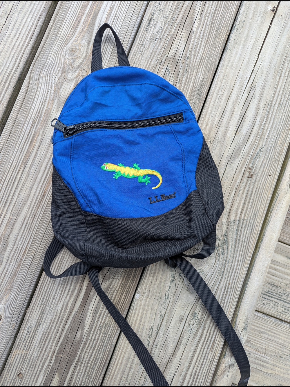L.L. Bean Blue and Black Backpack with Green and Yellow Lizard Embroidery